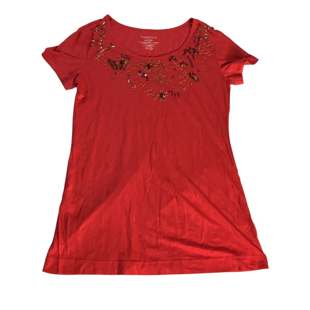 Van Heusen T-Shirt Womens XS Red Sequin Embellished Short Sleeve Casual Top